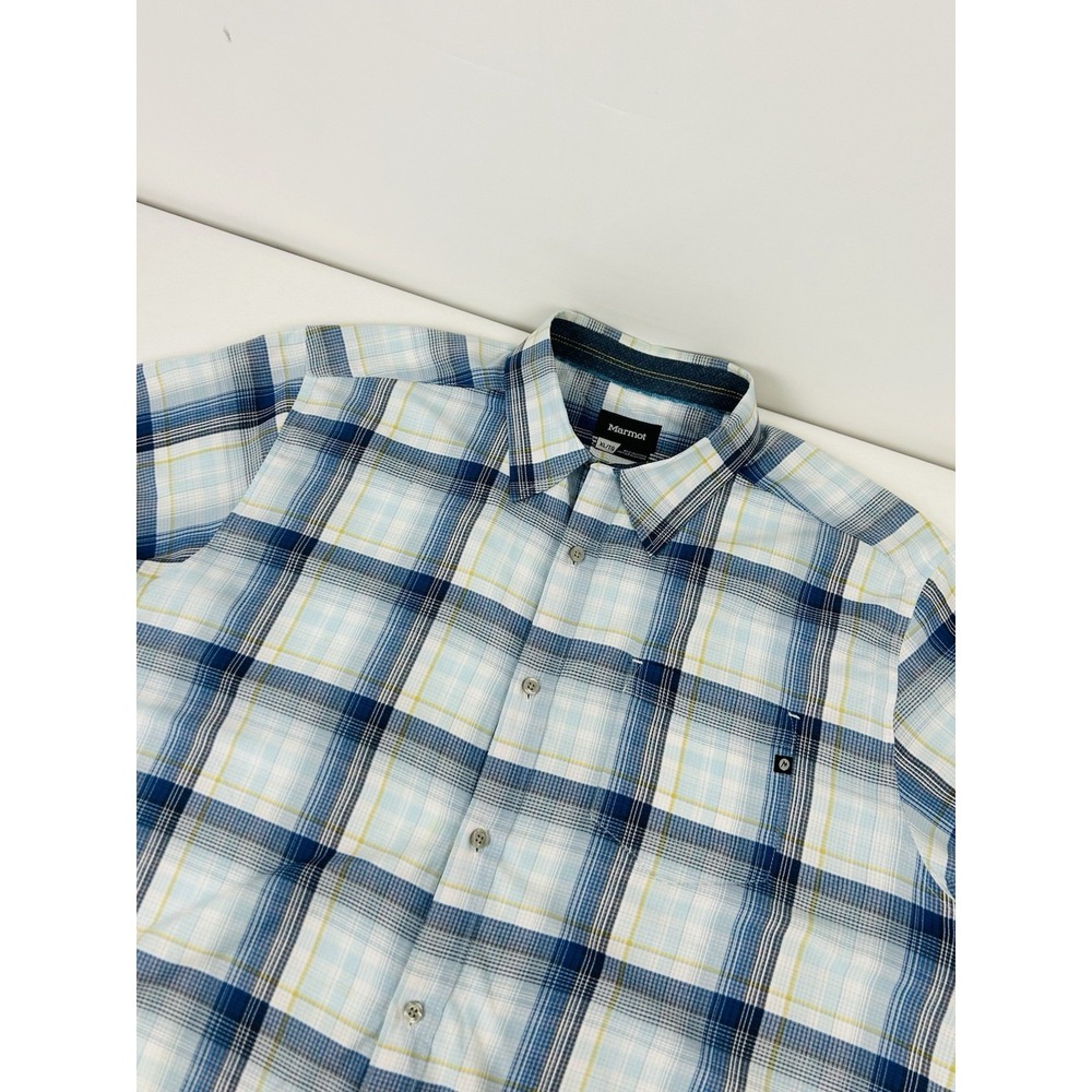 Marmot Men's Short Sleeve Button Up Shirt XL Blue Plaid Light Weight